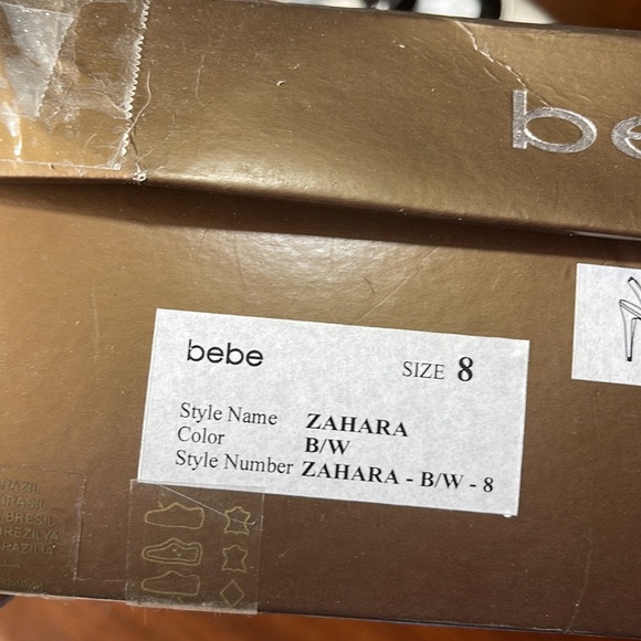 Bebe Zahara, black & white snake, open toe sling back platform stilettos, size 8 - Picture 9 of 11